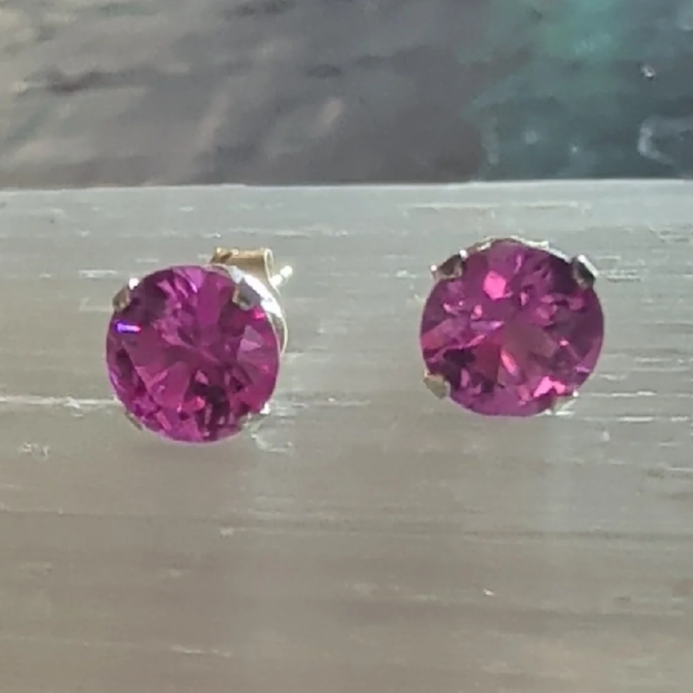 π Genuine Pink Sapphire Sterling Silver Earrings Solitaire Pink Sapphire Stud - Picture 5 of 6